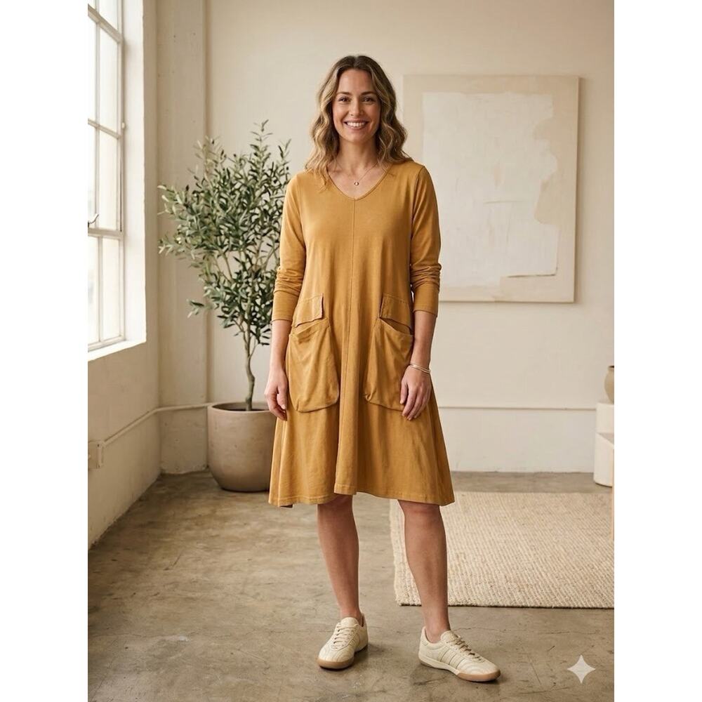 Ethos Los Angeles Made in Italy Mustard Cotton Lagenlook Dress OS